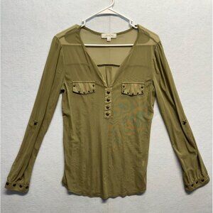 Eden & Olivia Womens Olive Long Sleeve Button Down Blouse Top Size Small